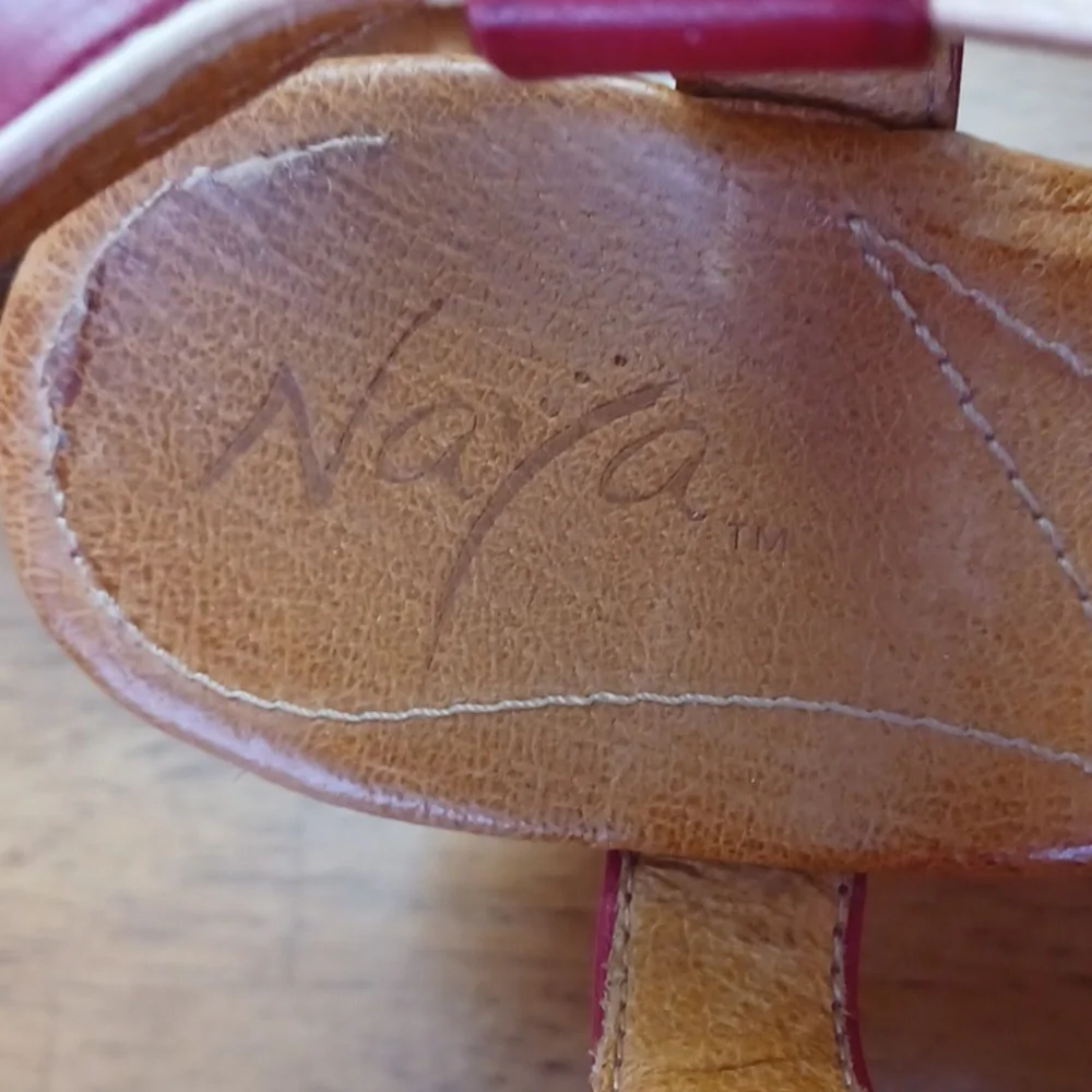 Naya - Elise Leather Platform Wedge Sandals Red Tan Cream W-7.5. EUC